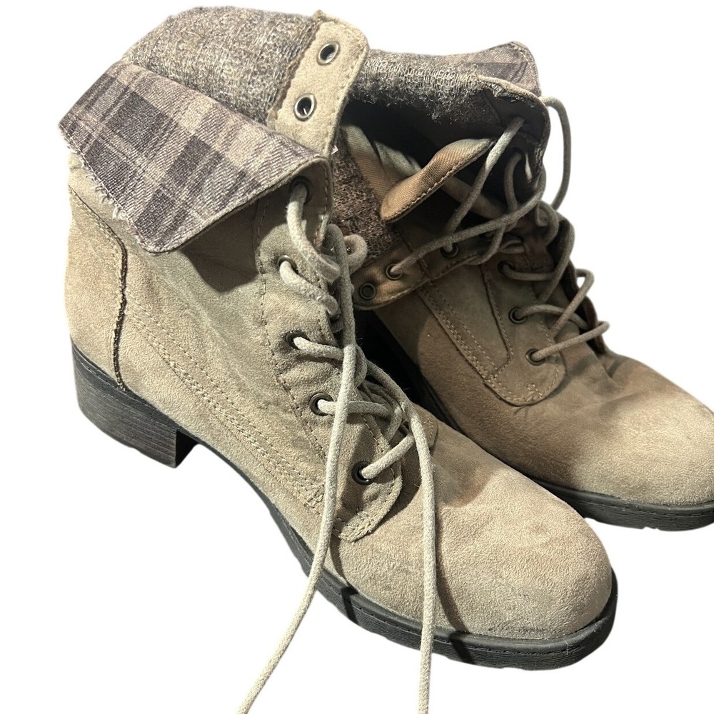 Brash Women's Tan Suede Lace-Up Ankle Combat Boots‎ Size 9 Plaid Cuff Block Heel